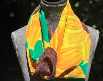 Hand Painted Silk Scarf Sunflower | Luxury Floral Shawl | Burnt Orange Green | Unique Gift for Mom | Made in France | OOAK Wearable Art