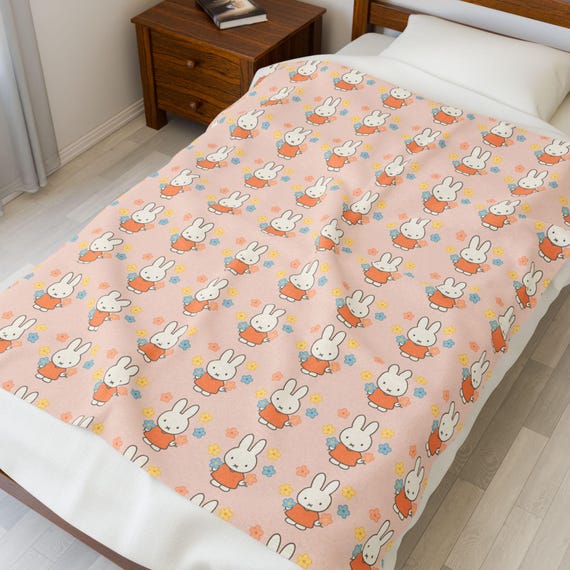 Velveteen Plush Blanket, Miffy-style Bunny, Soft Colors, Cozy Throw, Nursery Decor, Kids Gift