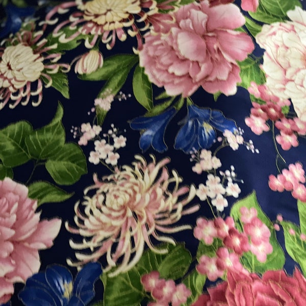 Timeless Treasures large floral fabric Chrysanthemums and Peonies Sakura Navy Metallic Fabric Chong A Hwang