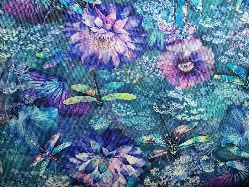 Dragonfly Floral Fabric Teal Purple Timeless Treasures Quilting Cotton ...