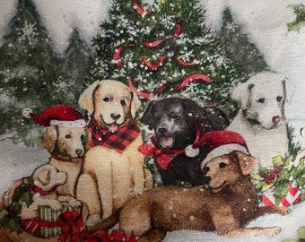 Christmas Dogs Cotton Fabric – Winter Puppies with Gifts & Trees | Holiday Quilting Fabric by Yard
