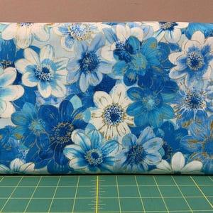 Benartex Metallic Impressions Blue Floral Fabric – Gold Accents – 100% Cotton Quilting Fabric