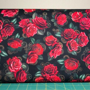 Black Cotton Fabric with Red Roses and Clock Gears | Gothic Steampunk Quilting Material