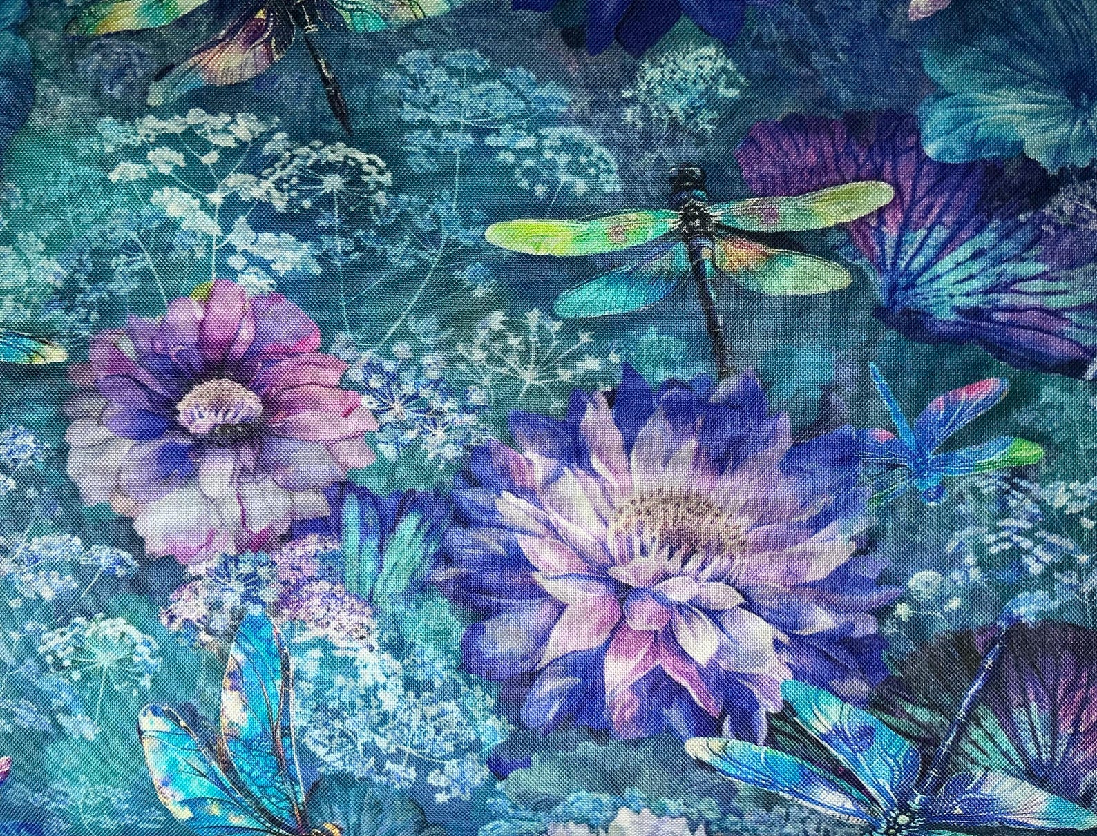Dragonfly Floral Fabric Teal Purple Timeless Treasures Quilting Cotton ...