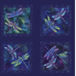 On dragonfly wings panel blue purple green dragonfly fabric
