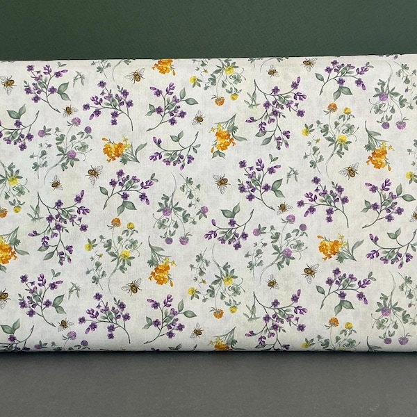 Spring Bees Floral Cotton Fabric: Yellow Blooms & Purple Clover