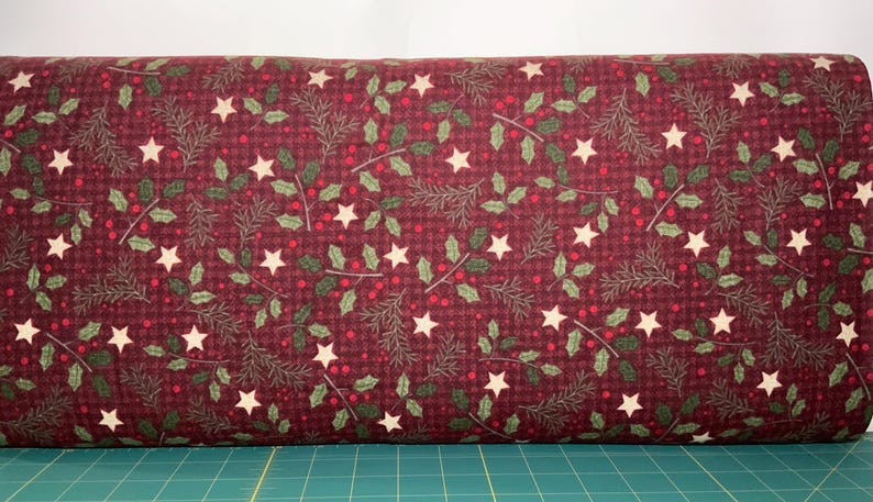 Holly Jolly Flannel Fabric | Christmas Holly Stars Print | Bonnie Sullivan Quilting Cotton