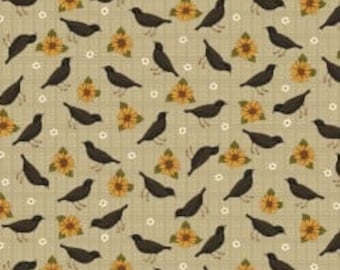 sunflower and black birds cotton fabric Benartex Studios Woolly cotton fabric Autumn birds leaves blooms