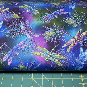 Pearlized Dragonfly Quilting Cotton Fabric – Ann Lauer Collection, Blue Purple Wings