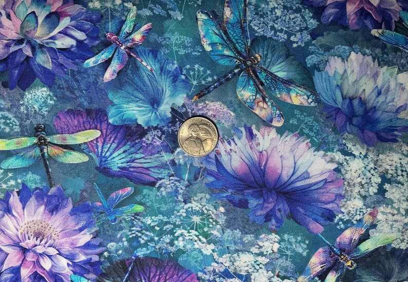 Dragonfly Floral Fabric Teal Purple Timeless Treasures Quilting Cotton ...