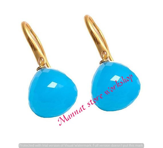 baby blue chalcedony drop and three polished green agate drops below rope-style vermeil ring with polished oval sapphire Large polished