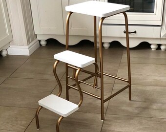 Stepping ladder with bronze legs. Folding step stool. Bar stool. Library step ladder. Step stool for car. Wood 3 step ladder. Fold out stool