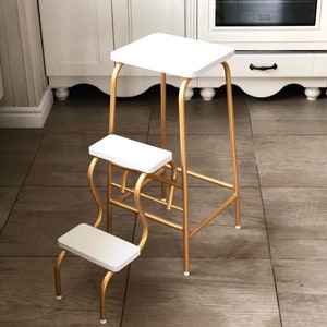 Taburete plegable con asiento, Escalera de 3 escalones, Escalones de biblioteca, Taburete de bar, Taburete de cocina para adultos, Escalera de acero resistente, Regalo de madera para papá