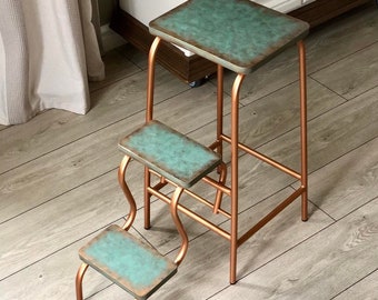 Stepping ladder with bronze legs. Folding step stool. Bar stool. Library step ladder. Step stool for car. Wood 3 step ladder. Fold out stool