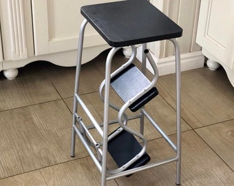 Black stepladder. Kitchen step stool. Bar chair. Library ladder. Plant stand. Wooden 3 step ladder. Adult step stool. Gift for new home.