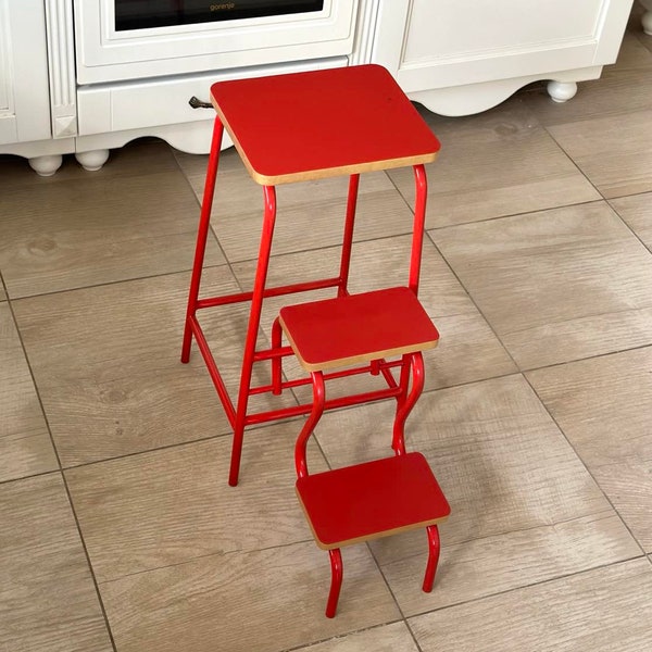 Fold out step stool adult metal and wood, 3 Step Ladder, Library steps, Bar stool, Step ladder chair, Step bench, Kitchen stepping stool