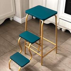 Adult step ladder for kitchen. Turquoise folding 3 step stool. Library ladder. Bar stool. Blue bathroom chair. Convertible furniture. Stool image 1