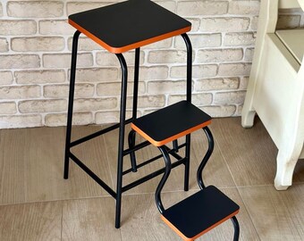 Folding step stool with seat, 3 Step Ladder, Library steps, Bar stool, Kitchen step stool adult, Sturdy Steel Ladder, Wooden gift for dad