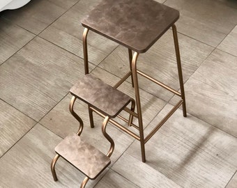 Stepping ladder with bronze legs, Folding step stool, Bar stool, Library step ladder, Step stool for car, Fold out stool, Wood 3 step ladder