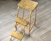 Golden step ladder adult, Narrow folding step stool chair, Bar stool, Library step stool, Plant stand, Stepladder with golden color legs