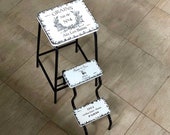 French wooden stool. White step ladder. Accent chair