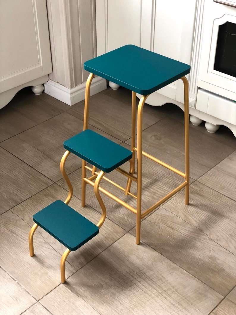 Adult step ladder for kitchen. Turquoise folding 3 step stool. Library ladder. Bar stool. Blue bathroom chair. Convertible furniture. Stool image 1