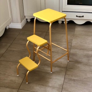 Step stool, Step ladder adult, Retro folding chair, Yellow stepladder, Library steps, Library ladder, Vintage furniture, Wooden stairs.