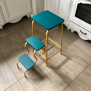 Adult step ladder for kitchen. Turquoise folding 3 step stool. Library ladder. Bar stool. Blue bathroom chair. Convertible furniture. Stool image 7