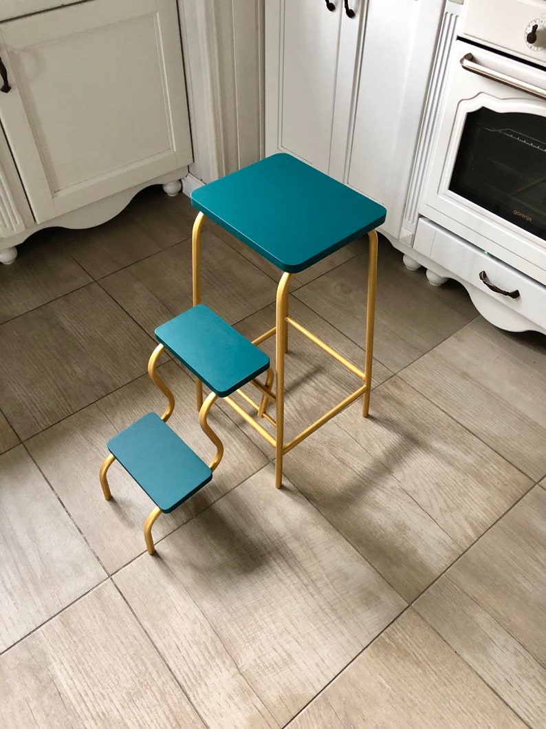 Adult step ladder for kitchen. Turquoise folding 3 step stool. Library ladder. Bar stool. Blue bathroom chair. Convertible furniture. Stool image 7