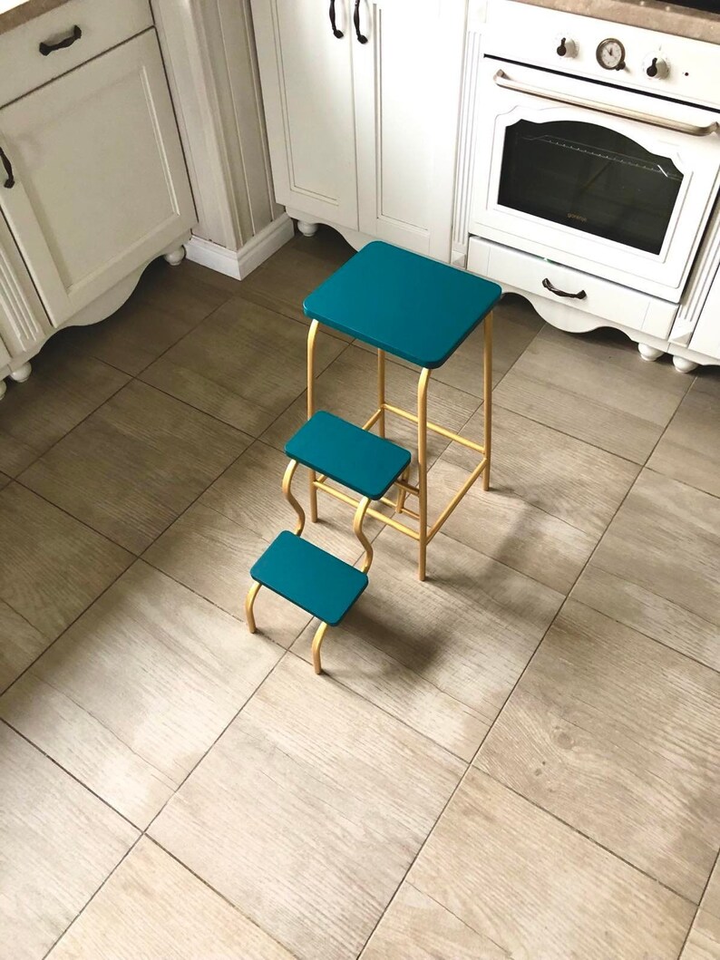 Adult step ladder for kitchen. Turquoise folding 3 step stool. Library ladder. Bar stool. Blue bathroom chair. Convertible furniture. Stool image 4