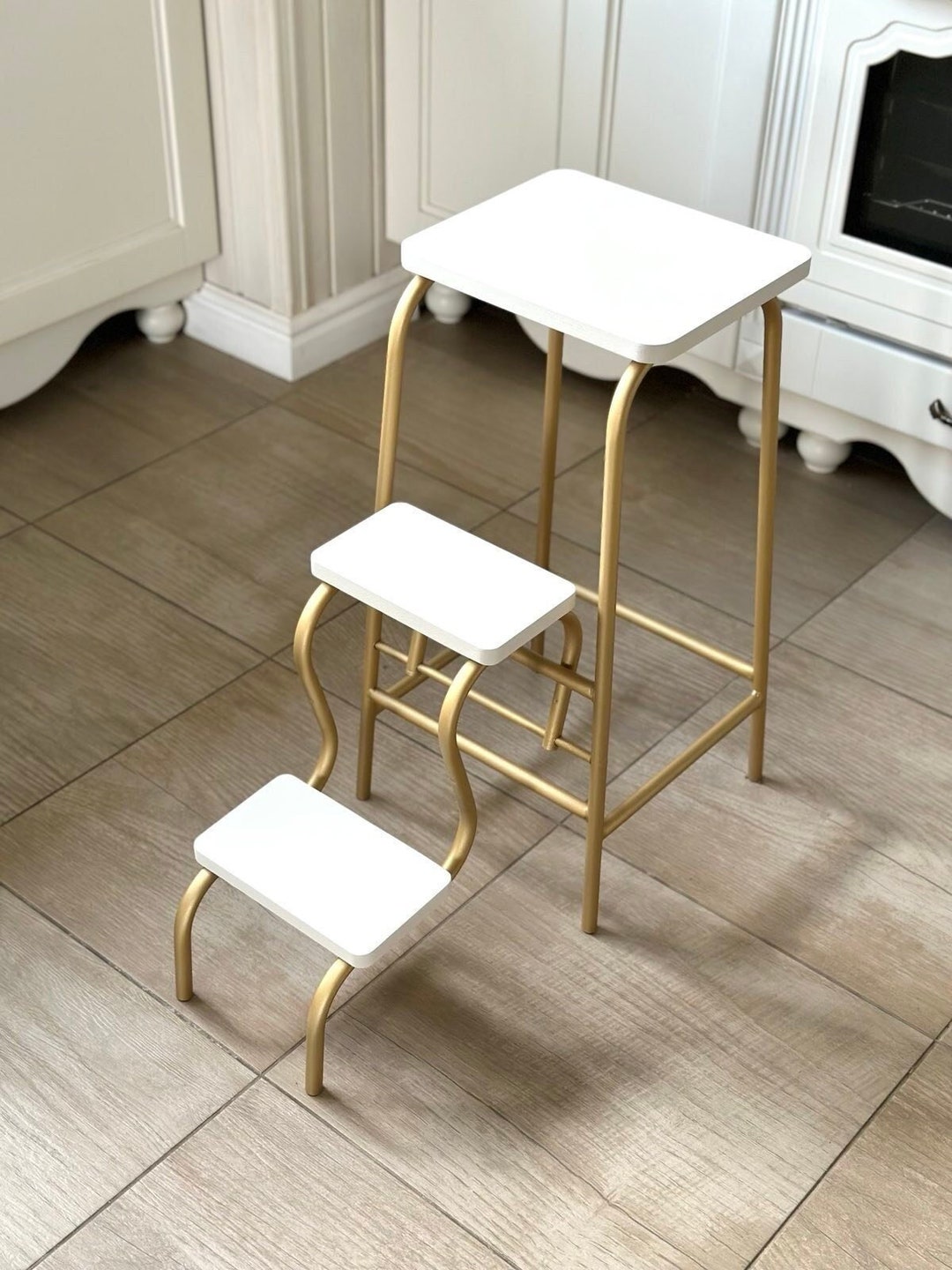 Step Ladder With Brass Color Legs, White Step Stool Adult, Library