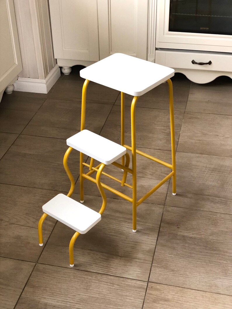White step stool adult. Step ladder chair with metal yellow Etsy