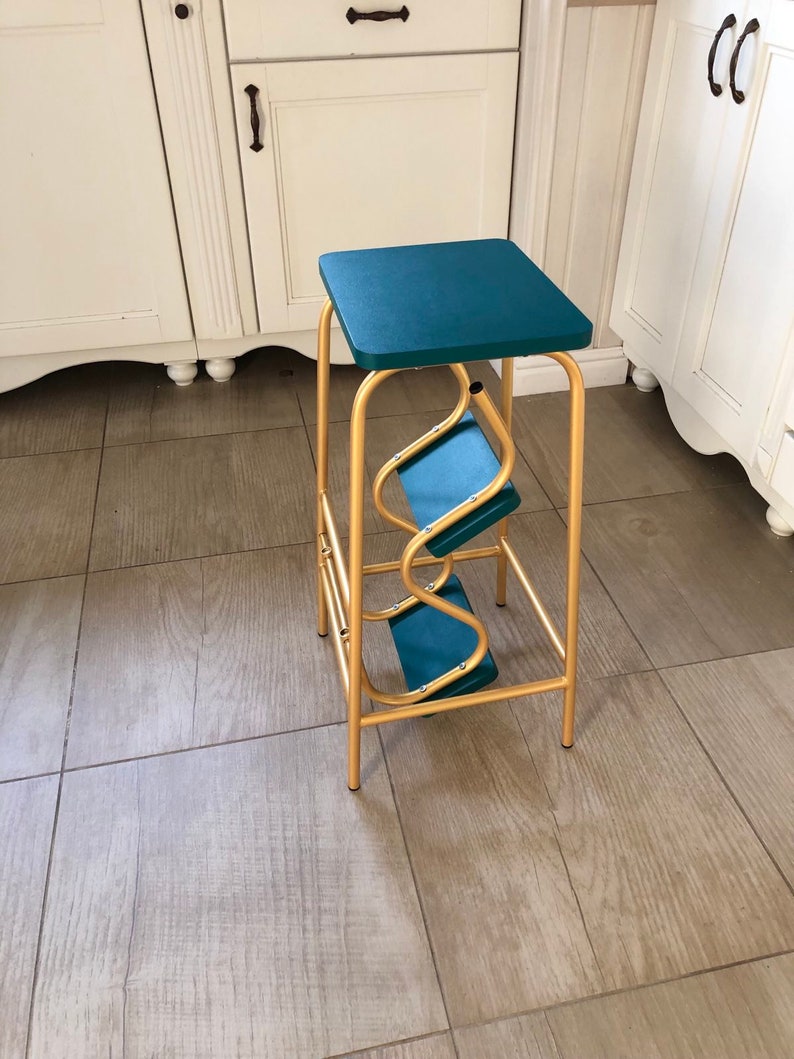 Adult step ladder for kitchen. Turquoise folding 3 step stool. Library ladder. Bar stool. Blue bathroom chair. Convertible furniture. Stool image 5