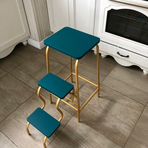 Adult step ladder for kitchen. Turquoise folding 3 step stool. Library ladder. Bar stool. Blue bathroom chair. Convertible furniture. Stool image 9