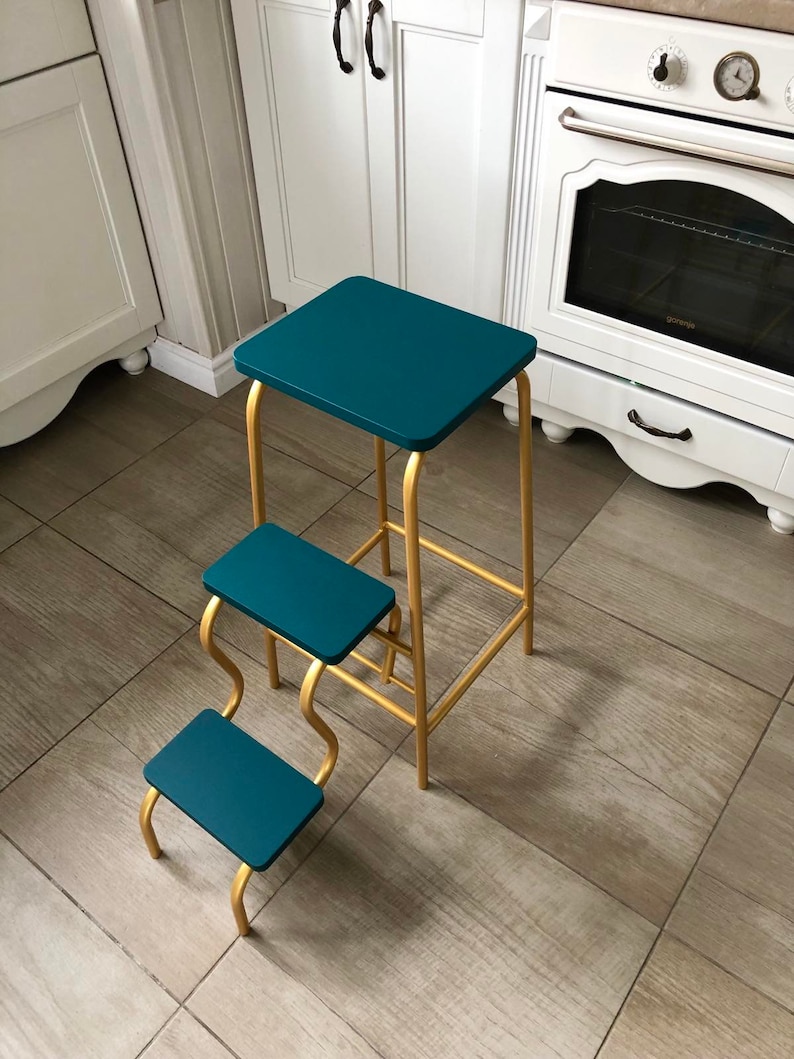 Adult step ladder for kitchen. Turquoise folding 3 step stool. Library ladder. Bar stool. Blue bathroom chair. Convertible furniture. Stool image 9