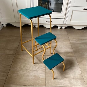 Adult step ladder for kitchen. Turquoise folding 3 step stool. Library ladder. Bar stool. Blue bathroom chair. Convertible furniture. Stool image 2