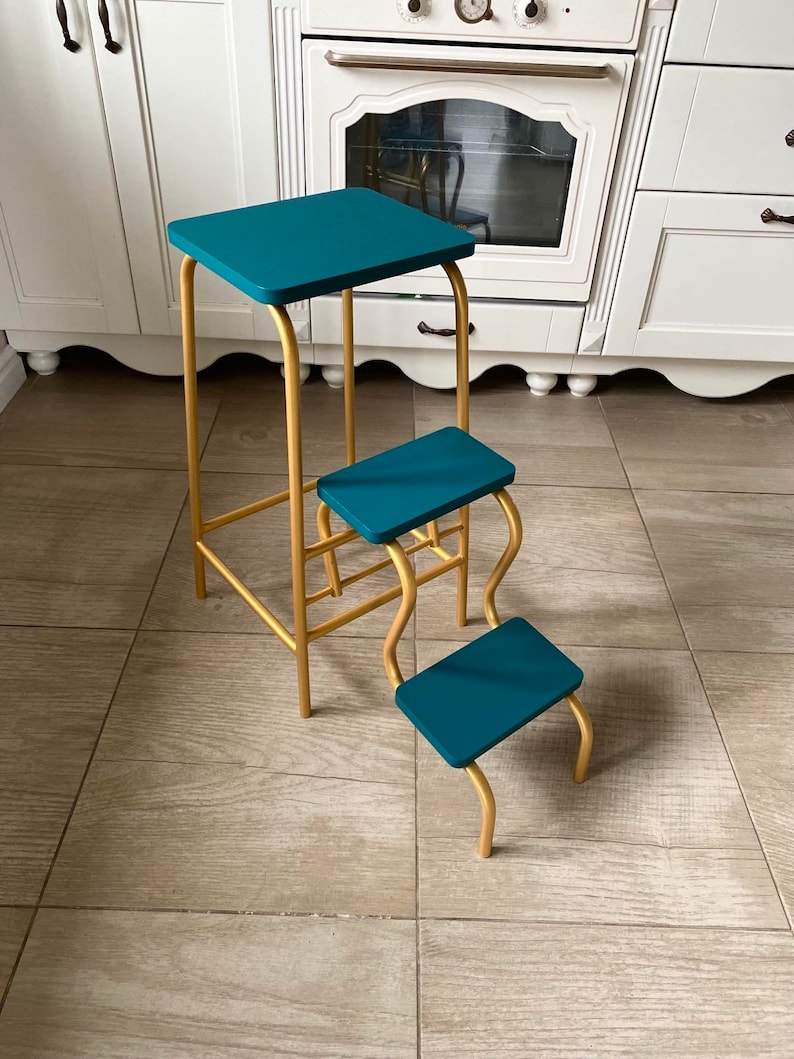 Adult step ladder for kitchen. Turquoise folding 3 step stool. Library ladder. Bar stool. Blue bathroom chair. Convertible furniture. Stool image 2