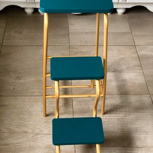 Adult step ladder for kitchen. Turquoise folding 3 step stool. Library ladder. Bar stool. Blue bathroom chair. Convertible furniture. Stool image 3