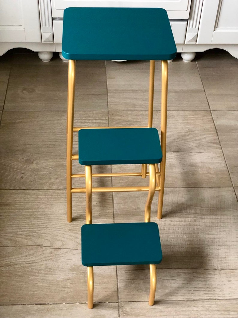 Adult step ladder for kitchen. Turquoise folding 3 step stool. Library ladder. Bar stool. Blue bathroom chair. Convertible furniture. Stool image 3