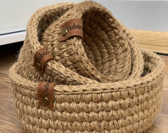 Handmade Crochet Jute Basket Set - Set of 3 Storage Baskets