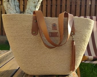 Market Bag French basket bag Beach bag Jute bag Summer Bag Straw Beach Bag Bridesmaid Tote Bag. Handmade Bag Burlap bag Leather Handles Bag