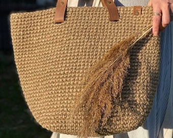 Sac fourre-tout au crochet Sac en jute au crochet Sac de marché au crochet Sac en tricot. Sac en paille Sac de plage au crochet Sac shopping Sac zéro déchet Sac tissé Sac en toile de jute