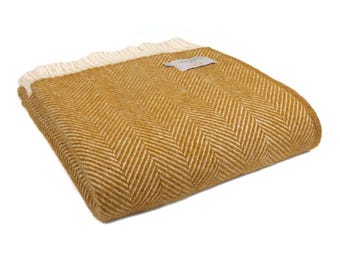 Mustard Yellow Pure New Wool Throw Blanket Herringbone Made in the UK