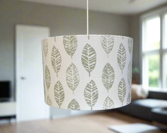Handmade Drum Lampshade: White & Green Leaf Print, Edith Sage Fabric