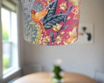 Handmade Lampshade, Birds and Flowers Drum Shade, Velvet Babooshka Hot Pink