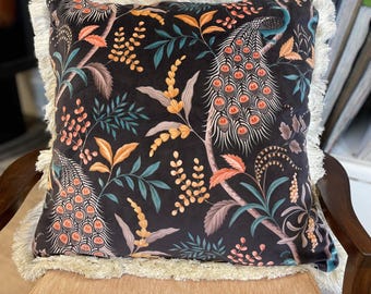 Handmade Black Velvet Peacock Square Cushion 22", 55cm with Brush Fringe Trim