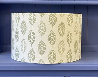 Handmade Drum Lampshade, 40cm, White and Green Leaf Pattern, Ceiling Light