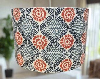 Handmade Block Print Drum Lampshade, Blue and Terracotta Stardust Chilli Fabric