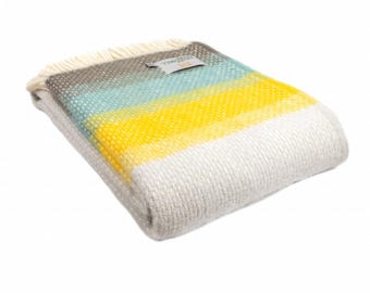 Ombre Stripe Wool Throw Blanket: Grey, Teal, Yellow - British Made