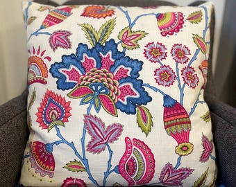 Handmade Floral Cotton Square Cushion, Jacobean Style, 20"